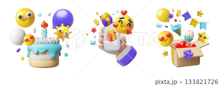 Festive 3D cartoon vector designs, Birthday cake with burn candle, happy celebration with smiley emoji, balloon gift box Festive 3D cartoon vector designs, Birthday cake with burn candle, happy celebration with smiley emoji, balloon gift box 133821726