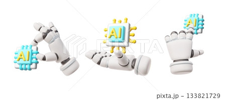 Robotic hand holds microchip, chatbot assistant, Artificial intelligence machine, electronic device 3D render vector set 133821729