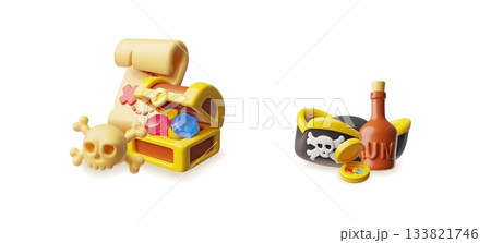 Treasure chest, map scroll and skull with bones 3D style illustration set, cartoon pirate hat, bottle of rum and compass 133821746