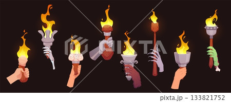 Human, animal, zombie hands holding burning torches vector set, cartoon fiery flames flambeau with decorated holders 133821752