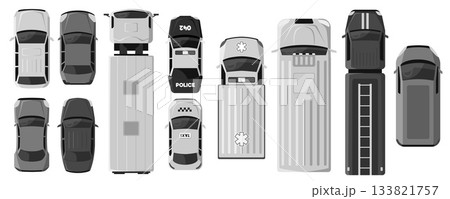 Black and white icon mockups of various vehicles, top-down view, city transport. Black and white icon mockups of various vehicles, top-down view, city transport. 133821757