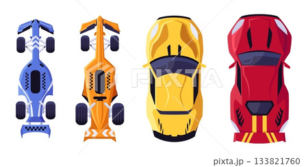 Racing sport super cars top view vector set, F1 racing bolid vehicle, cartoon speed drift automobile, extreme transport 133821760