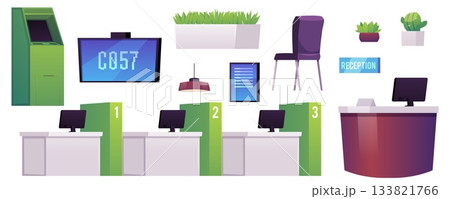 Bank office interior vector set, ATM, automated teller machine, queue scoreboard, reception and customer service desk 133821766