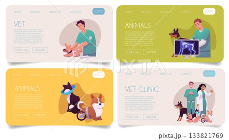 Vet clinic landing page design vector set, sick dogs and cats visiting veterinary doctor, x-ray diagnostic and treatment 133821769