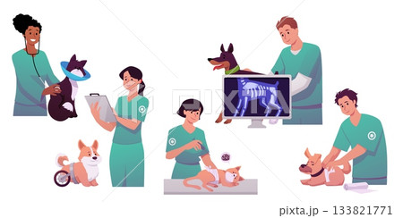 Vet clinic vector set, cartoon sick dogs and cats visiting veterinary doctor, x-ray diagnostic and treatment injection 133821771