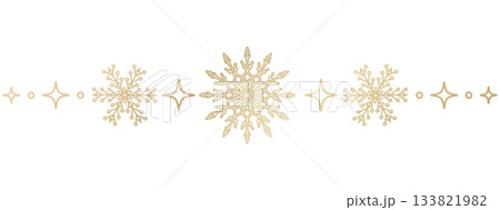 Seamless Christmas pattern border with golden snowflakes and stars. Luxury winter decorative print for wrapping paper, textile, packaging and festive design. Vector. 133821982