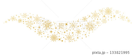 Golden snowflake swirl border. Christmas wave ornament with stars and sparkling dots for holiday banners, invitations and winter decoration projects. Vector design. 133821995