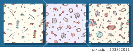 A set of seamless patterns for pet accessories. Vector background for packaging pet products, dog textiles. Illustration of a pet store and a veterinary clinic. 133822031