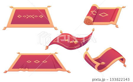 Magic flying carpet design, cartoon Persian red wool carpet with tassels, vintage floor rug, home textile mat vector set Magic flying carpet design, cartoon Persian red wool carpet with tassels, vintage floor rug, home textile mat vector set 133822143