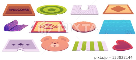 A set of multicolored rugs of various shapes and patterns, soft floor covering. A set of multicolored rugs of various shapes and patterns, soft floor covering. 133822144