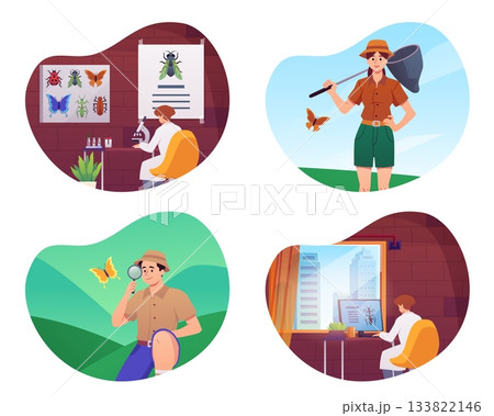 A set of individual frames depicting entomologists studying insects. 133822146