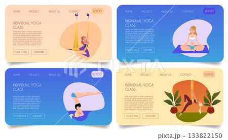 Yoga studio, individual yoga class advertising landing page vector set, woman practicing aerial yoga on the hanging rope 133822150