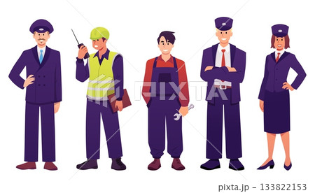 Full-length images of train station attendants, including a driver, repairman, and guide. 133822153
