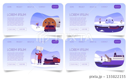 Arctic exploration, Polar expedition vector flat landing page, scientific station with explorers, buildings, vehicles 133822155
