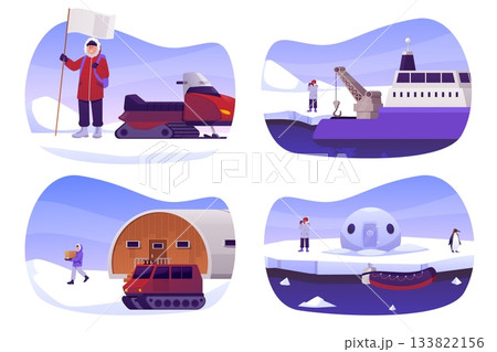 A set of polar research stations with people, a ship, a snowmobile, and barns, in round frames. 133822156
