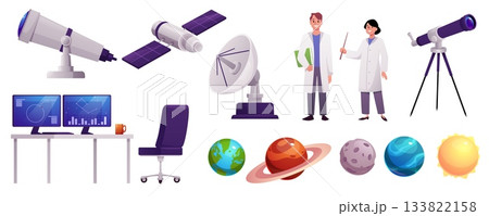 Space equipment set: telescope, antenna, satellite, scientists, planets, computer, observatory. Space equipment set: telescope, antenna, satellite, scientists, planets, computer, observatory. 133822158
