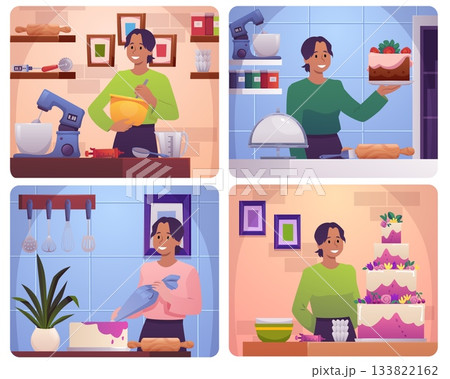 Set of posters, woman in home kitchen cooking and demonstrating pastries. Set of posters, woman in home kitchen cooking and demonstrating pastries. 133822162