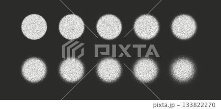 Set of grainy stipple circles with soft halftone noise and gradient fade. Abstract round textures for retro designs, shading, overlays, backgrounds and graphic effects 133822270