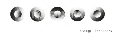 Set of grainy stipple circle shapes with halftone texture. Abstract round elements for design, backgrounds, gradients, retro patterns, and minimal graphic compositions 133822275