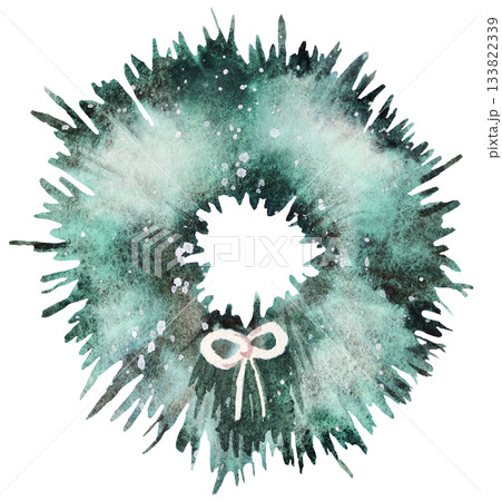 Hand drawn watercolor green Christmas wreath with a bow, winter isolated illustration Hand drawn watercolor green Christmas wreath with a bow, winter isolated illustration 133822339