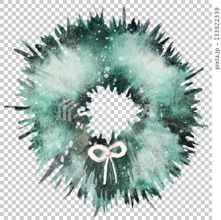 Hand drawn watercolor green Christmas wreath with a bow, winter isolated illustration Hand drawn watercolor green Christmas wreath with a bow, winter isolated illustration 133822339