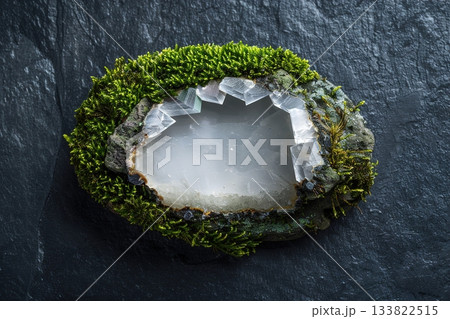 A moss-covered stone displays a large, clear...のイラスト素材 [133822515] - PIXTA