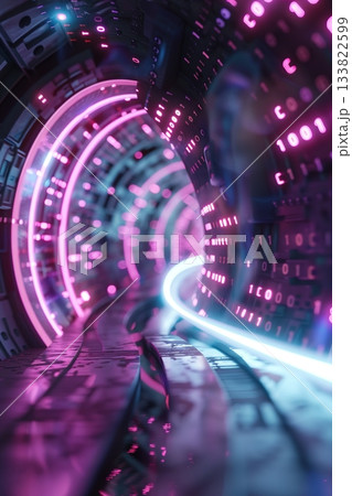 This scene showcases a dynamic tunnel composed of geometric shapes illuminated by vibrant pink and blue lights. The tunnel appears infinite, drawing viewers into a mesmerizing digital realm 133822599