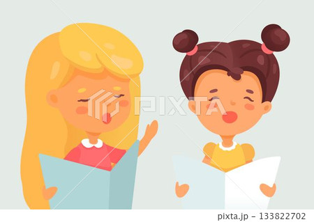 Children choir. Cute girls singing in duet. Young female characters performing song. Concert, performance rehearsal. Cartoon vector illustration 133822702