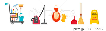 Cleaning equipment. Housekeeping and housework tools isolated on transparent background. Flat vector illustrations set 133822717