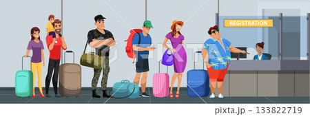 People queue at registration. Check in process. Administrator receptionist sitting at desk counter and checking passenger document for flight. Passport control. Airport terminal interior People queue at registration. Check in process. Administrator receptionist sitting at desk counter and checking passenger document for flight. Passport control. Airport terminal interior 133822719