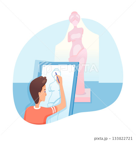 Artist drawing a picture. Lesson in art studio. Talented male student drawing statue sketch. Artist training courses, education. Cartoon vector illustration 133822721