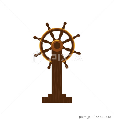 Wooden ship wheel with vintage maritime design featuring eight spokes and sturdy base. Classic helm for steering sailing vessels. Navigation, adventure and pirate design. Cartoon vector illustration Wooden ship wheel with vintage maritime design featuring eight spokes and sturdy base. Classic helm for steering sailing vessels. Navigation, adventure and pirate design. Cartoon vector illustration 133822738