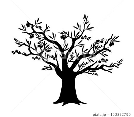 Black silhouette of olive tree with thick trunk, branches and olives. Classic Mediterranean tree. Food, farming, agriculture, botanical themes. Flat vector illustration isolated on transparent 133822790