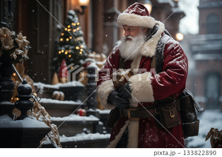 Santa is walking down a city street, with gifts, winter, snow, holiday decorations 133822890