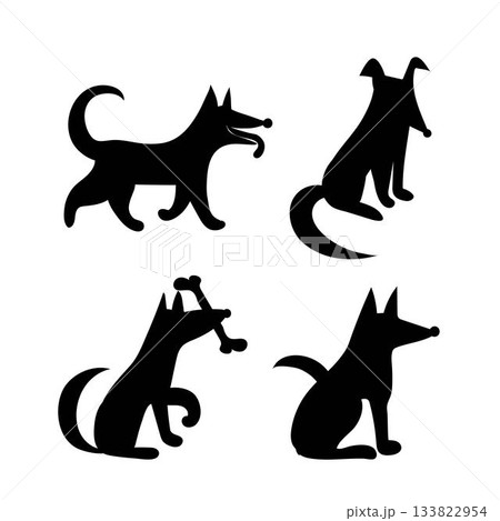 Set of black dog silhouettes in various poses in playful cartoonish style. Minimalistic flat vector illustrations set 133822954