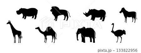 Set of African animal silhouettes in black color, including ostrich, crocodile, lion, camel, rhino, giraffe, elephant, zebra, and hippo. Minimalistic wildlife vector illustrations 133822956