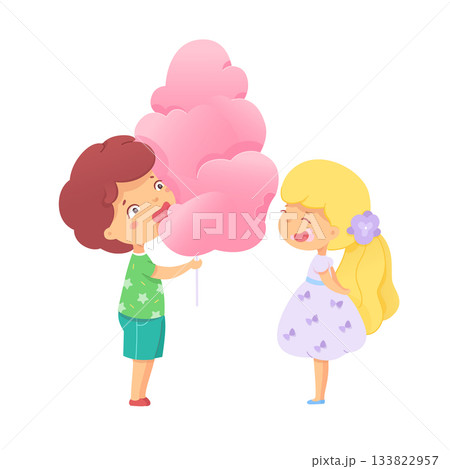 Two children share a moment of joy with cotton candy at a fair on a sunny day, creating a cheerful atmosphere filled with laughter and friendship Two children share a moment of joy with cotton candy at a fair on a sunny day, creating a cheerful atmosphere filled with laughter and friendship 133822957
