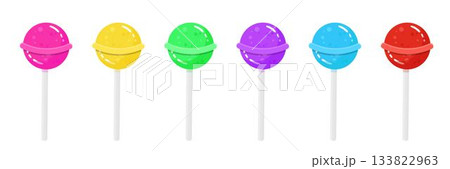 Lollipops of various colors. Delicious round hard caramels on stick isolated on transparent background. Sweet confection, candy shop products. Tasty desserts. Flat vector illustrations set 133822963