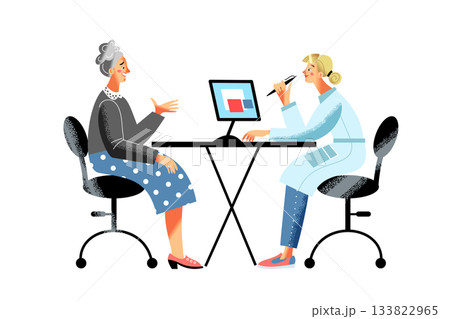 Old patient and doctor. Elderly woman consulting female doctor at desk with computer. Medical consultation, healthcare discussion, senior patient and physician appointment. Vector illustration Old patient and doctor. Elderly woman consulting female doctor at desk with computer. Medical consultation, healthcare discussion, senior patient and physician appointment. Vector illustration 133822965