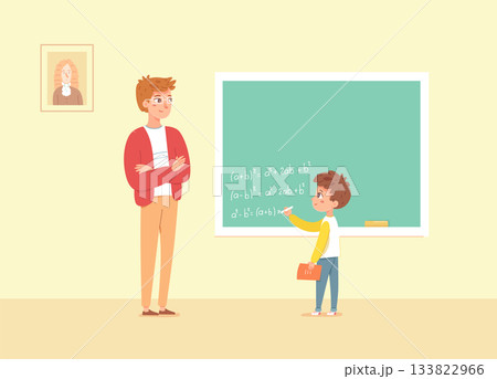 Teacher and student at blackboard solving math formulas. Boy writes algebra equations while teacher watches. Classroom scene with chalkboard, portrait, and educational atmosphere. Vector illustration 133822966