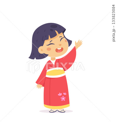 Smiling girl in traditional red kimono with floral details and yellow sash. Asian child character with short black hair, waving hand. Cartoon vector illustration 133823084