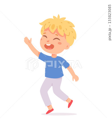 Happy boy with blonde hair in blue shirt and white pants. Smiling child character raising hand and dancing joyfully on white background. Cute vector illustration for kids themes 133823085