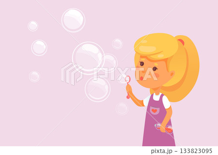 Girl blowing soap bubbles. Blonde child in purple dress holding bubble wand and bottle on soft pink background with floating translucent circles. Fun childhood activity in cartoon vector illustration 133823095