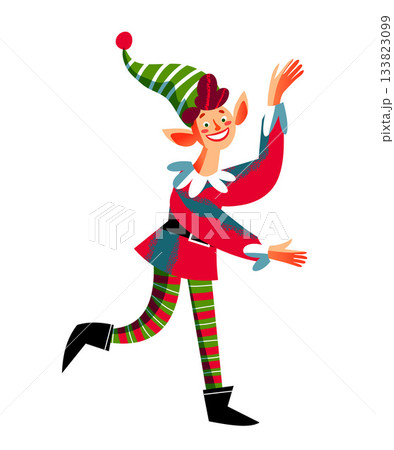 Christmas elf in striped green and red leggings. Joyful character in red outfit with green hat and black boots, running with arms raised. Festive flat vector illustration 133823099