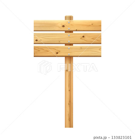 3d wooden signboard vector illustration. Realistic wood horizontal sign post. Blank pointer with wood texture. Game element 133823101