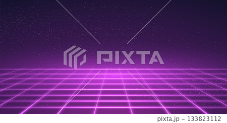 Neon purple grid background. Pink digital game pattern. Abstract futuristic vector illustration. Magenta wireframe perspective backdrop 133823112