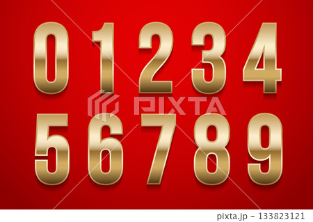 Golden metal numbers isolated on red background. Collection of birthday 3D gold numbers from 0 to 9. Luxury bright metallic font. Vector design elements for party, holiday, sale, promotion, postcard 133823121