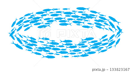 Fish group swimming. School of bluefish. Silhouette of group of sea fishes. Abstract vector illustration isolated on transparent 133823167
