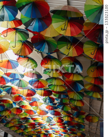 A ceiling adorned with numerous colorful umbrellas brightens the indoor setting. The cheerful arrangement adds a festive touch to the space, inviting joy and creativity A ceiling adorned with numerous colorful umbrellas brightens the indoor setting. The cheerful arrangement adds a festive touch to the space, inviting joy and creativity 133823180