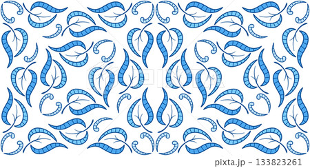 Elegant plant classic seamless pattern. Blue curved leaves on white background. Traditional painted ceramic tiles. Diagonal blue floral ornament 133823261